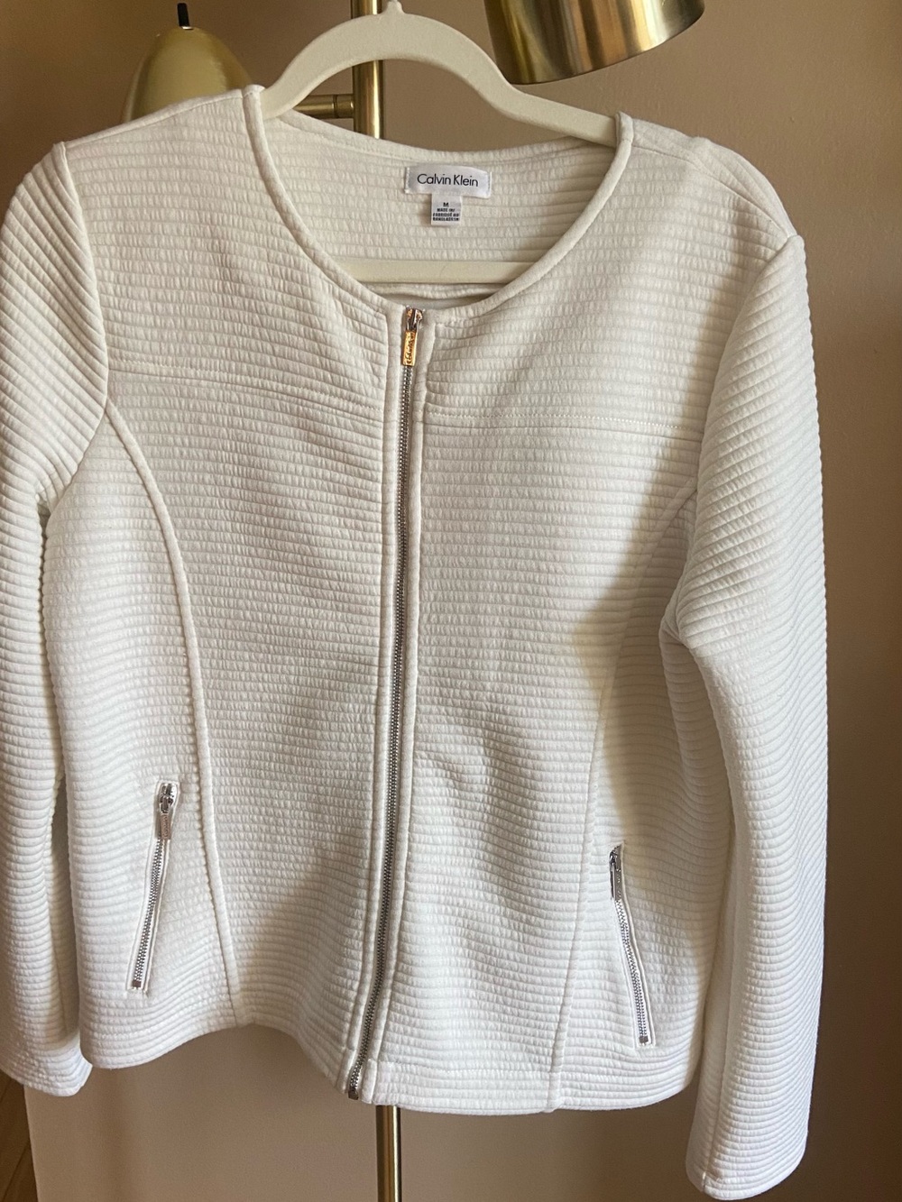Calvin Klein White Textured Zip Jacket with Silver Hardware